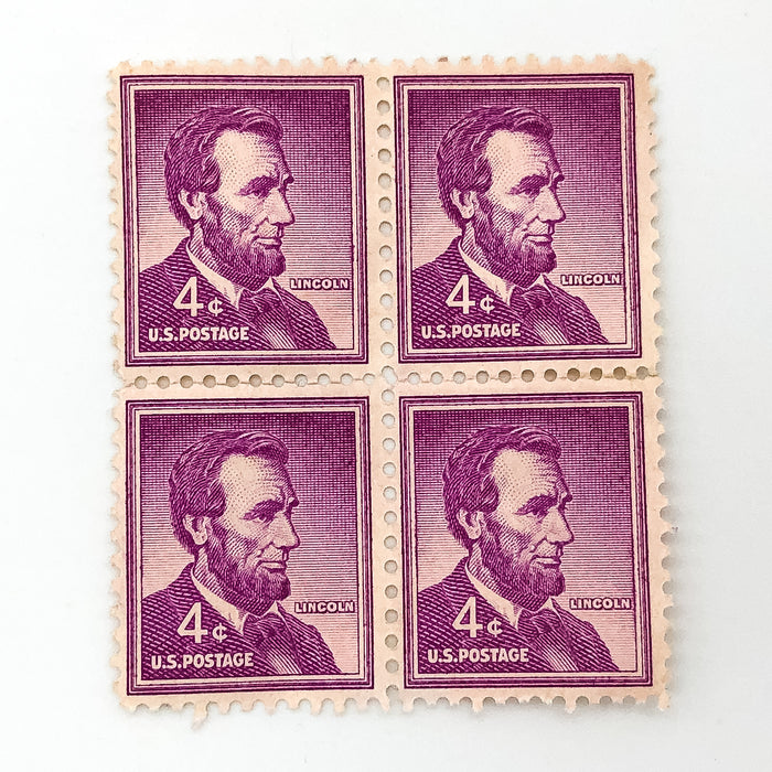 1954 Abraham Lincoln 4 Cent Stamp Block of 4 Purple Liberty Series Back Damage