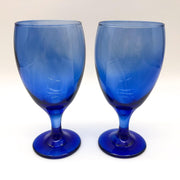 Pair of Vintage Blue Wine Glasses Crystal Teardrop Mediterranean Hand Blown 7" 1