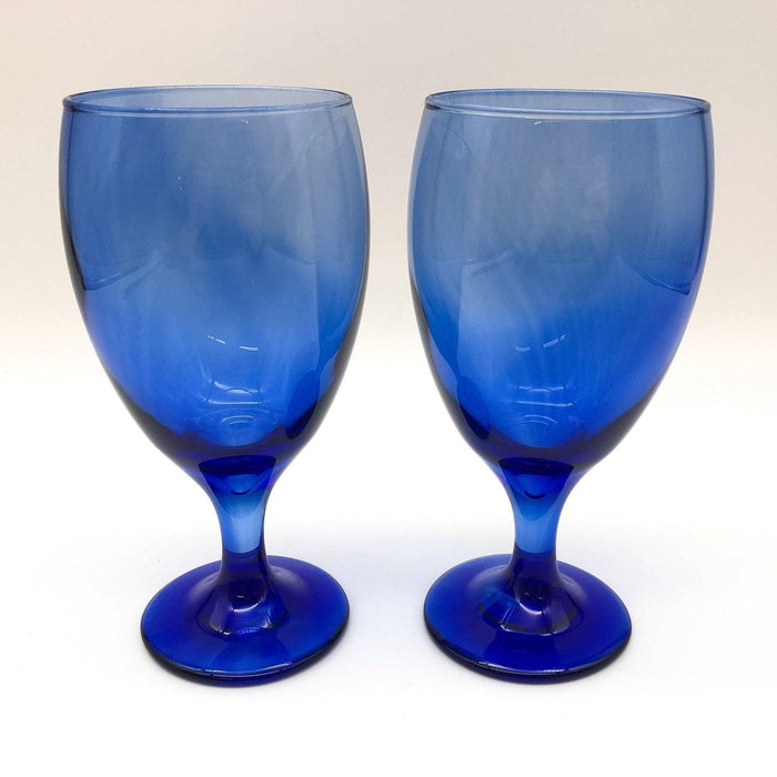 Pair of Vintage Blue Wine Glasses Crystal Teardrop Mediterranean Hand Blown 7" 1