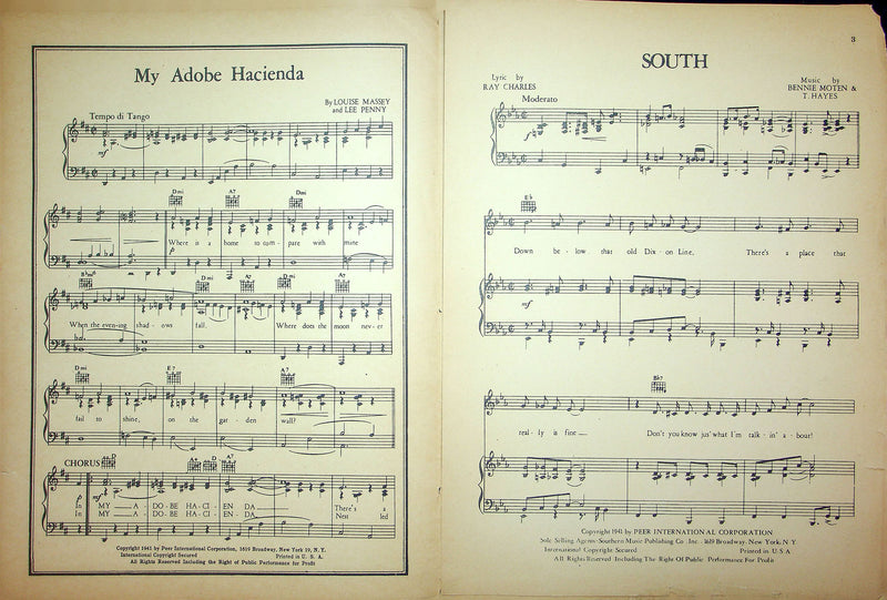 Sheet Music South Ray Charles Bennie Moten T Hayes 1941 WW2 Piano Song 2
