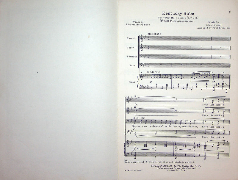 Sheet Music Kentucky Babe Richard Henry Buck Adam Geibel Paul Fredericks 1954 2