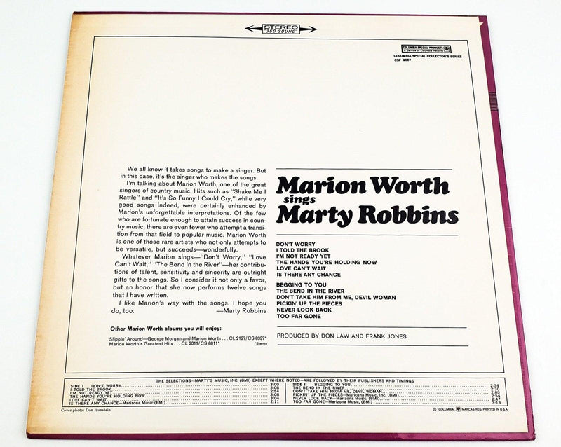 Marion Worth Sings Marty Robbins 33 RPM LP Record Columbia 1964 2