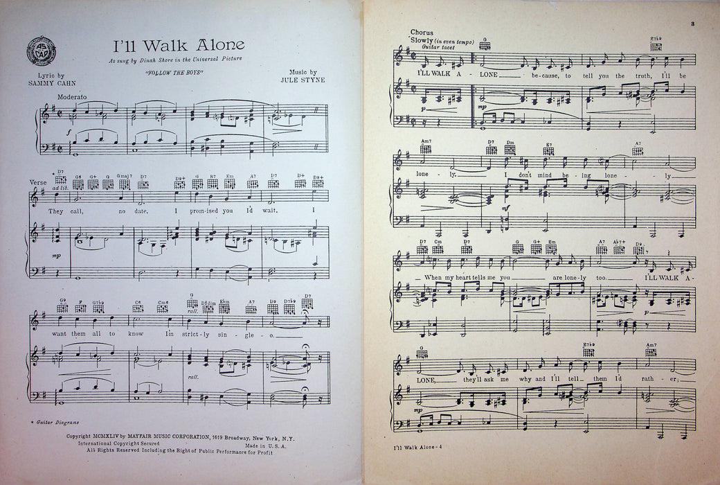 I'll Walk Alone Sheet Music Julie Styne Sammy Cahn Vocal Piano Follow The Boys 3