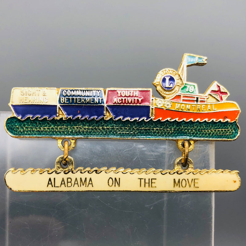 Vintage Lions Club Lapel Pin Pinback Alabama Montreal Canada Tugboat On The Move