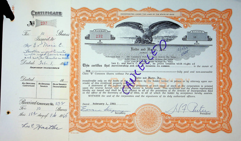 Reiter Dairy Company Stock Certificate Bond Scripophilly Akron Ohio 1965 No 232