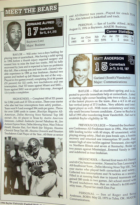 1996 Baylor Bears Football Media Guide