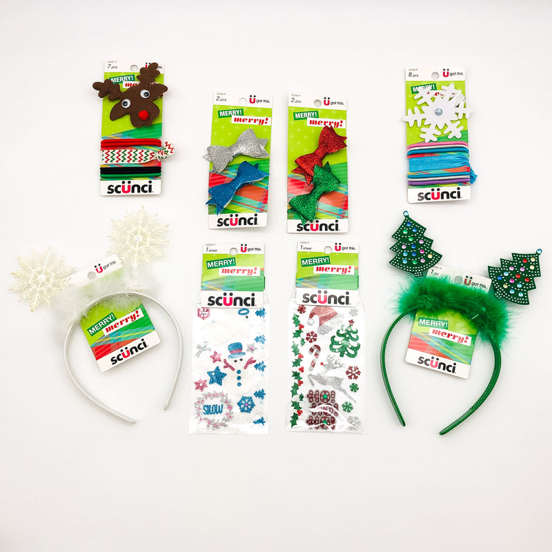 23-Piece Scunci Christmas Winter Holiday Hair Band Bow Clips Ties Snowflake Tree