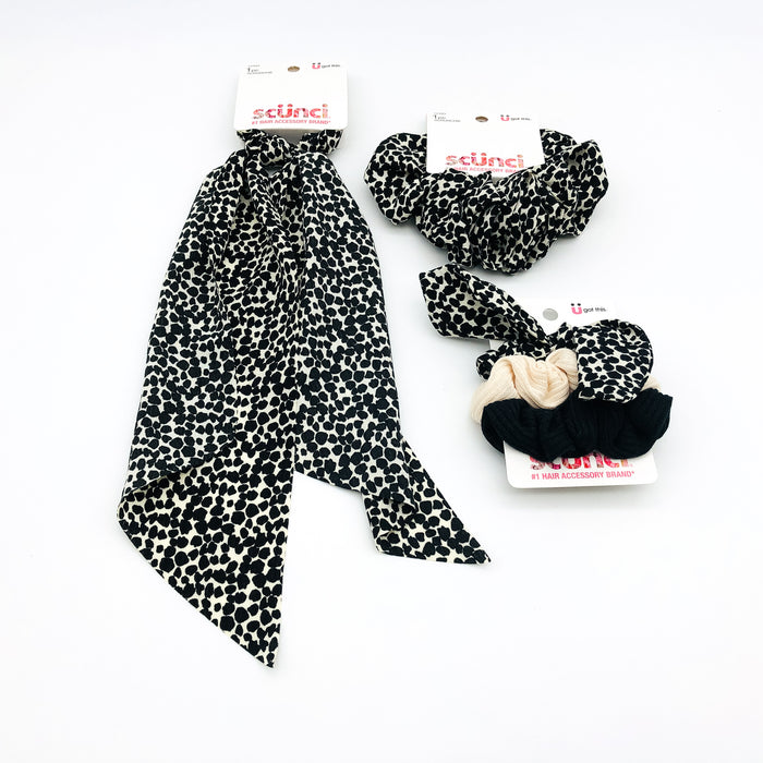 5-Piece Scunci Scrunchies Scarf Hair Ties Lot Black Leopard Print Lightweight