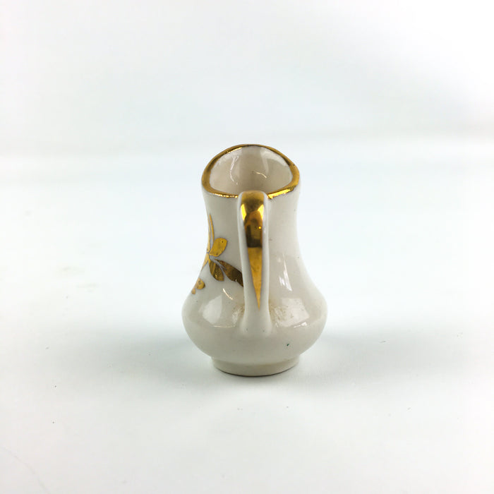 Gold Luster Pitcher Vintage Miniature White Porcelain w/ Flower Motif 1.75"