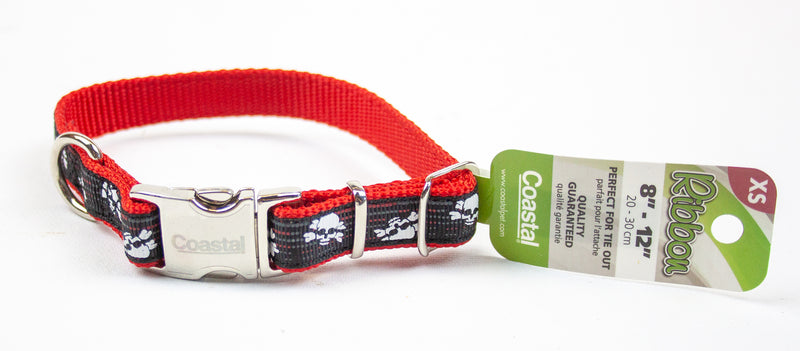 Ribbon: Designer Adjustable Collar - 8-12", Chrome Buckle, Skull & Bones | NEW