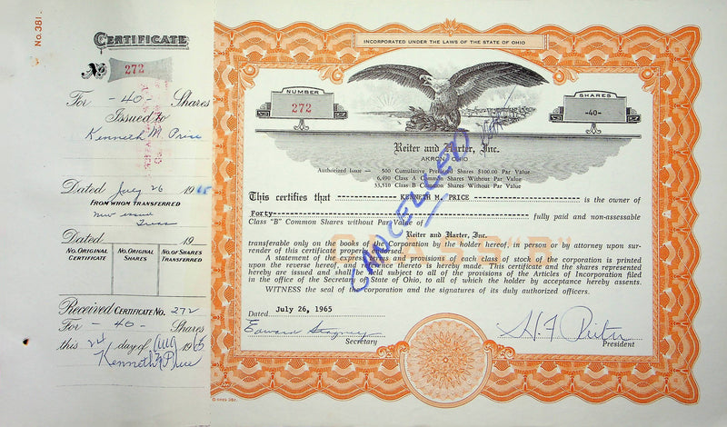 Reiter Dairy Company Stock Certificate Bond Scripophilly Akron Ohio 1965 No 272