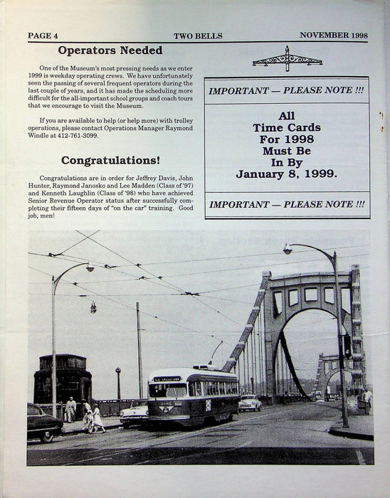 Two Bells Newsletter Nov 1998 Operating Department Pennsylvania Trolley Museum