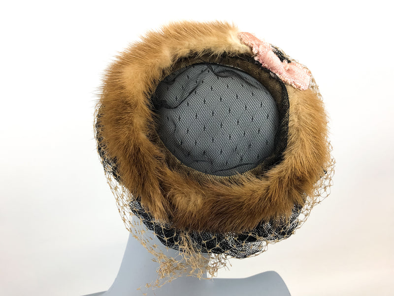 Vintage Fur Trimmed Open Crown Fascinator Hat w/ Grid Netting & Pink Bow Accent