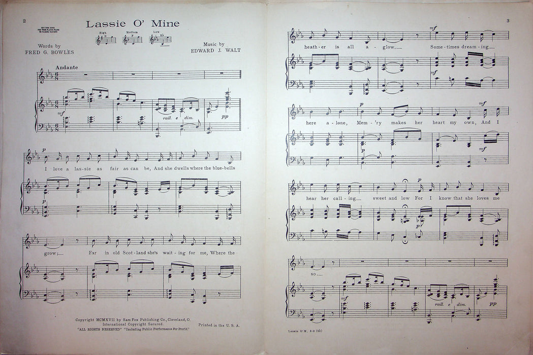 Sheet Music Lassie O'Mine Fred Bowles Edward Walt 1917 Violin Cello Music 3