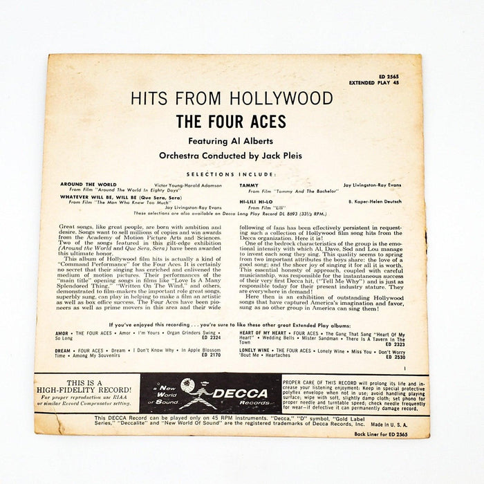 The Four Aces Hits From Hollywood 45 RPM EP Record Decca ED 2565 2