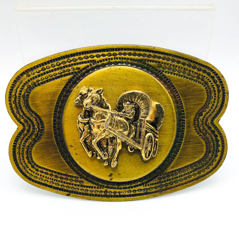 Vintage Brass Wagon Belt Buckle Western Cowboy Pioneer Days Horses 4" Inches