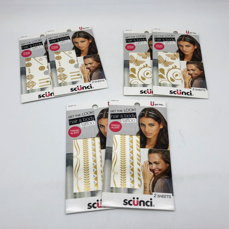 12-Sheets Scunci Hair Body Tattoo Art Motif Metallic Party Gold Silver 20457-A2