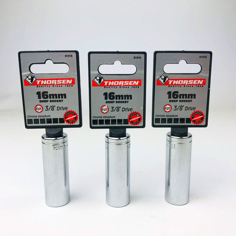 3ct 16mm Deep Socket 3/8 Drive 6 Point Metric Chrome Vanadium Thorsen 61316 New