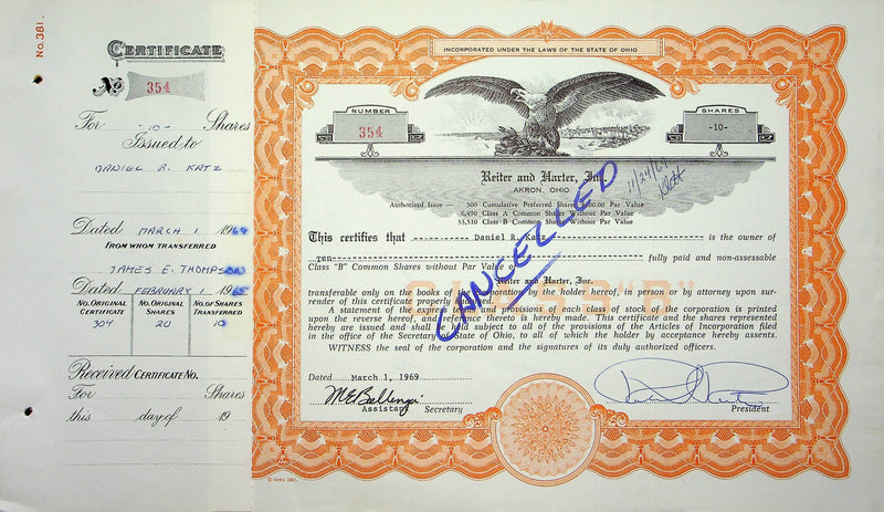 Reiter Dairy Company Stock Certificate Bond Scripophilly Akron Ohio 1969 No 354
