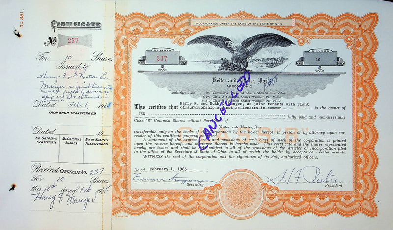 Reiter Dairy Company Stock Certificate Bond Scripophilly Akron Ohio 1965 No 237