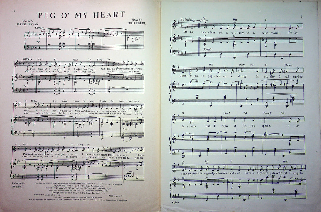 Peg O My Heart Sheet Music Lyrics Song 1947 Buddy Clark Fred Fisher Alfred Bryan 2