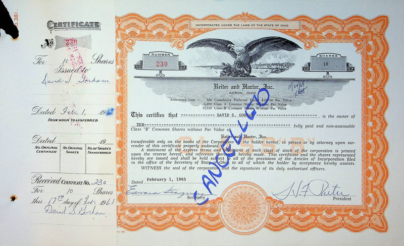 Reiter Dairy Company Stock Certificate Bond Scripophilly Akron Ohio 1965 No 230