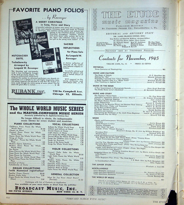 The Etude Music Magazine Nov 1945 Vol LXIII No 11 Thanksgiving, Sheet Music 2