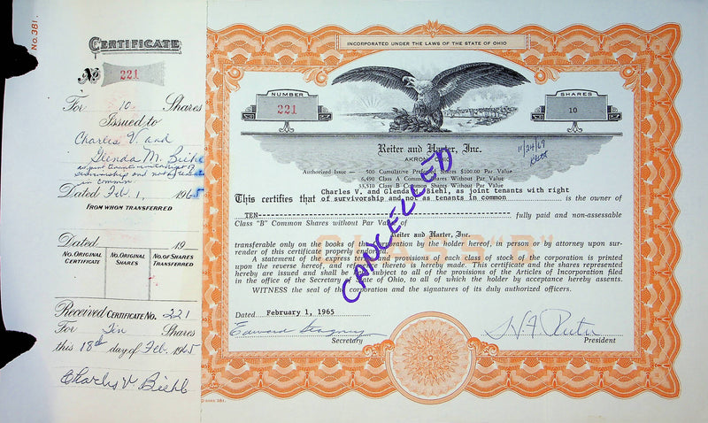 Reiter Dairy Company Stock Certificate Bond Scripophilly Akron Ohio 1965 No 221