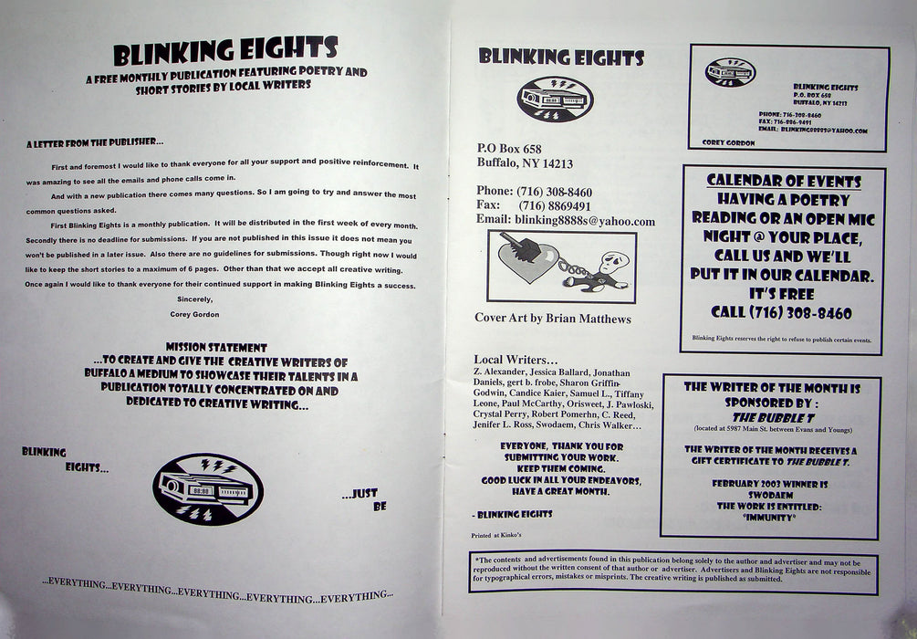 Blinking Eights Magazine Zine February 2003 Buffalo NY Creative Writing Stories