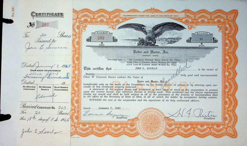 Reiter Dairy Company Stock Certificate Bond Scripophilly Akron Ohio 1965 No 203