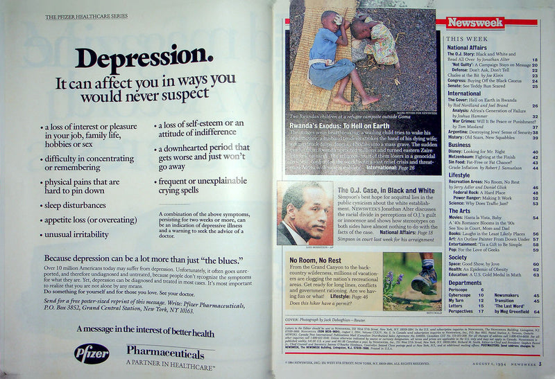 Newsweek Magazine August 1 1994 Rwanda OJ Simpson Trial Murder Racial Divide