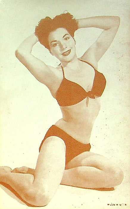 US 50s Pin Up Promo Photo Card Woman Model Bikini Swimsuit Beach Hands On Head 1