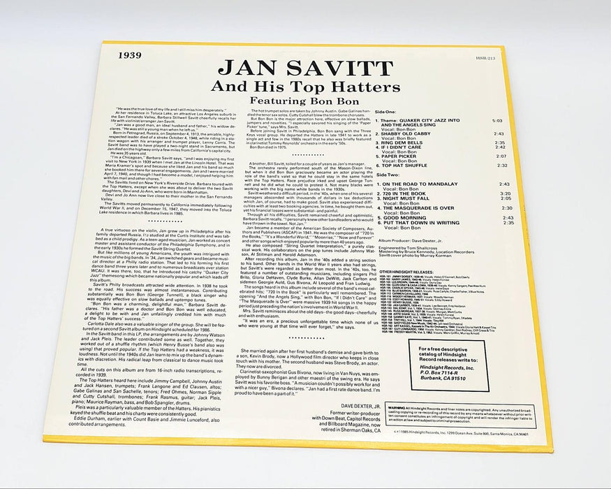 Jan Savitt And His Top Hatters The Uncollected 1939 LP Record Hindsight 1985 2