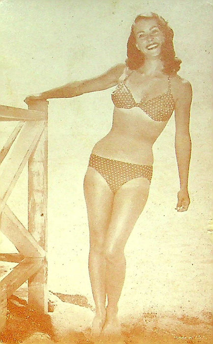 US 50s Pin Up Promo Photo Card Woman Model Bikini Swimsuit Strawberry Dots Worn