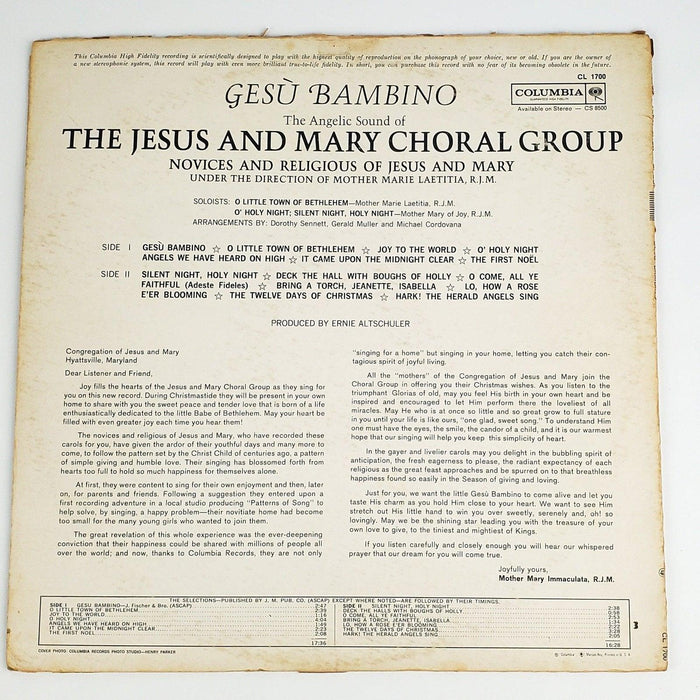 Jesus & Mary Choral Group Gesu Bambino Record 33 RPM LP CS 8500 Columbia 2