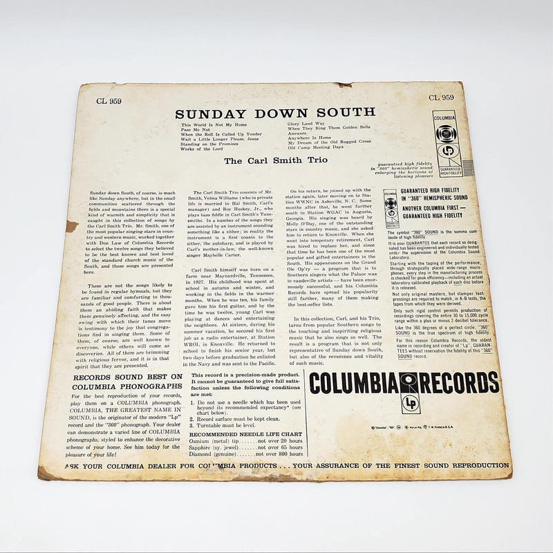 Carl Smith Trio Sunday Down South LP Record Columbia 1957 CL 959 2