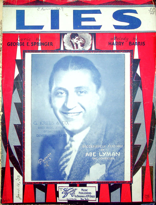 Sheet Music Lies Abe Lyman George Springer Harry Barris 1931 Piano Vocal Song 1