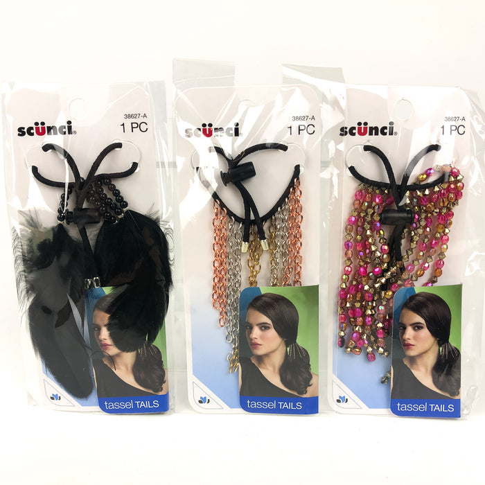 3-PK Scunci Ponytail Tassel Tails Chandelier Faux Feather Beads Style 38627-A