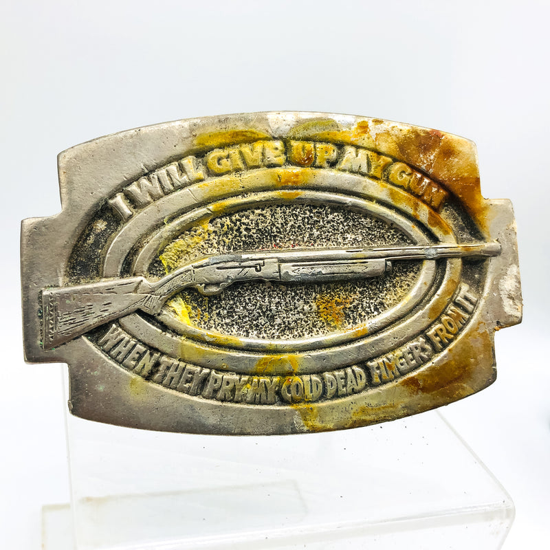 Vintage Shotgun Belt Buckle Pewter I Will Give Up My Gun Pry My Cold Dead Finger