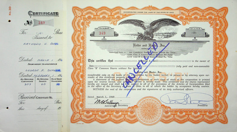Reiter Dairy Company Stock Certificate Bond Scripophilly Akron Ohio 1969 No 349