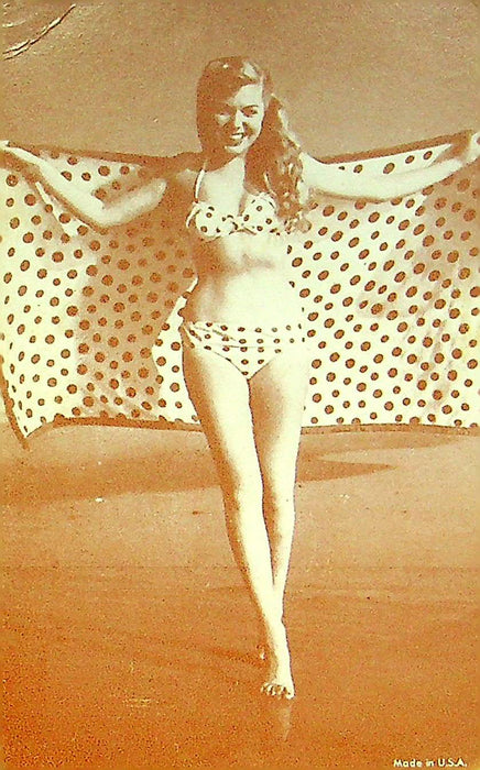 50s Pin Up Promo Photo Card Woman Bikini Swimsuit Polka Dot Towel Beach Crease