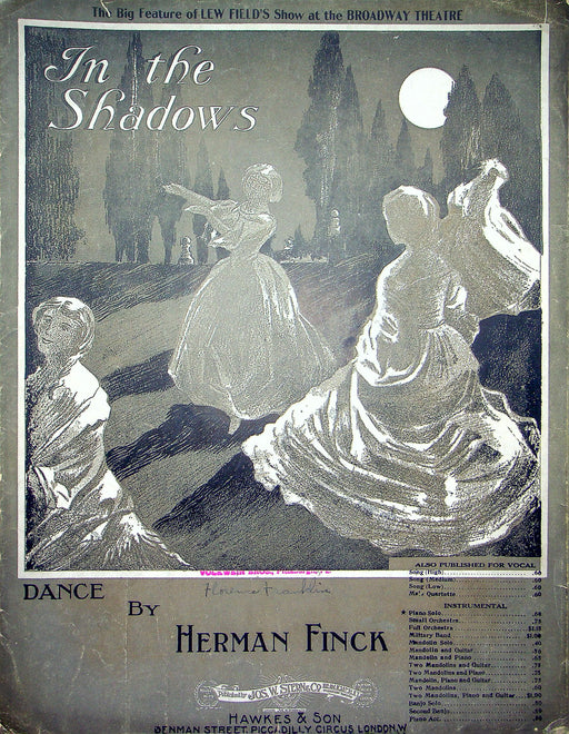 Sheet Music In The Shadows Herman Finck 1910 Lew Fields Show Broadway Theatre 1