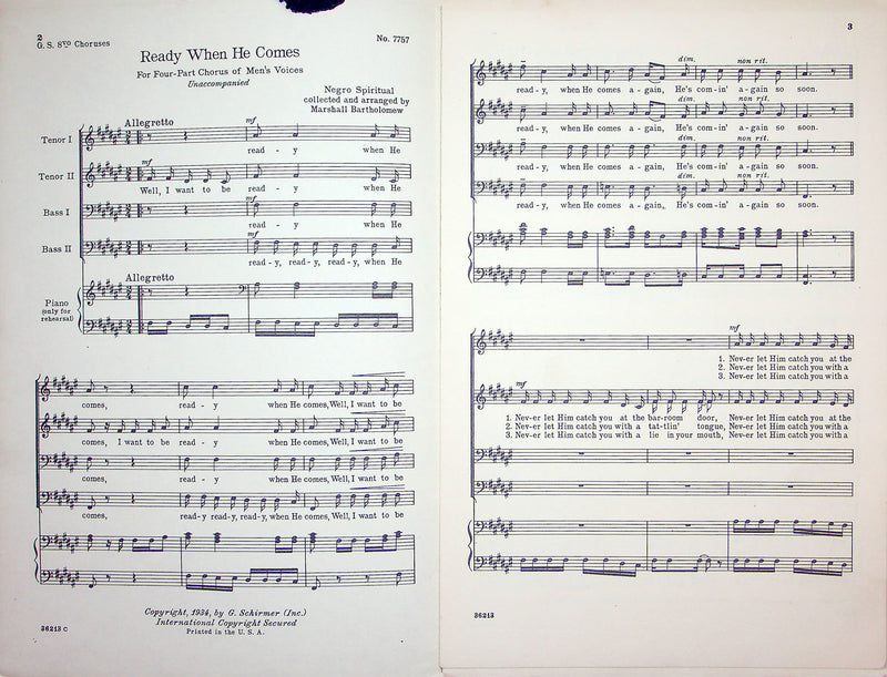 Sheet Music Yale Glee Club Series Ready When He Comes Marshall Bartholomew 1934 2