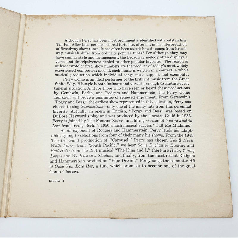 Perry Como Sings Hits From Broadway Shows 2x EP Record RCA Victor 1956 EPB 1191 4