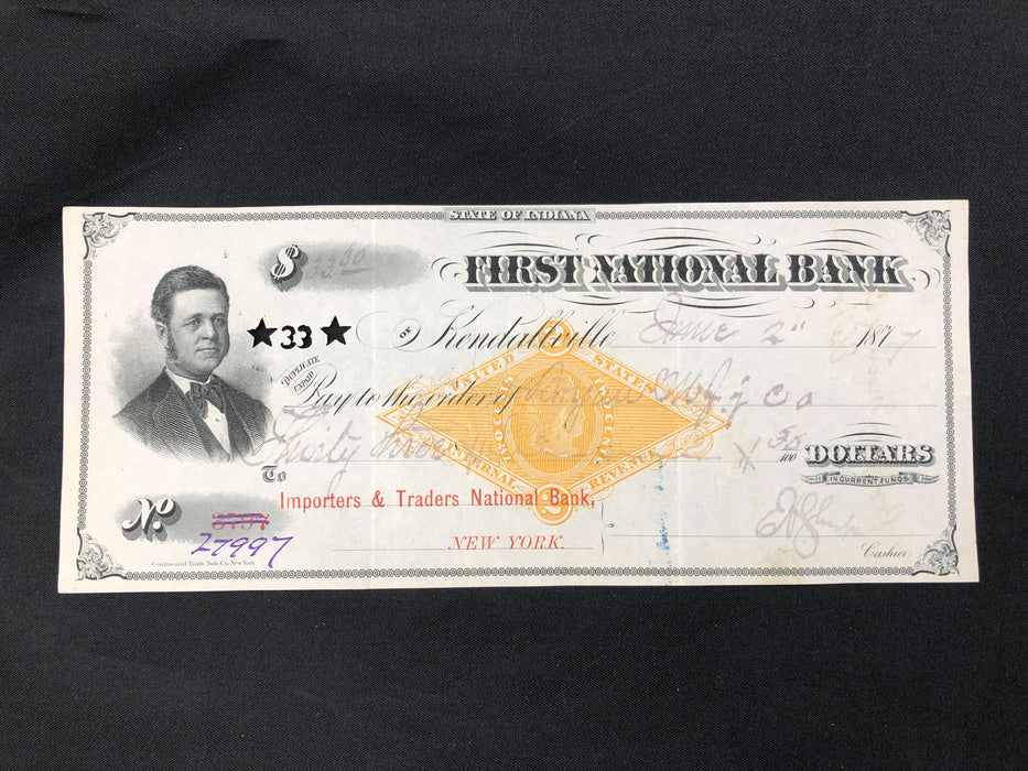 Antique Bank Check Original 1877 First National Bank Indiana 27997 Hole Punched