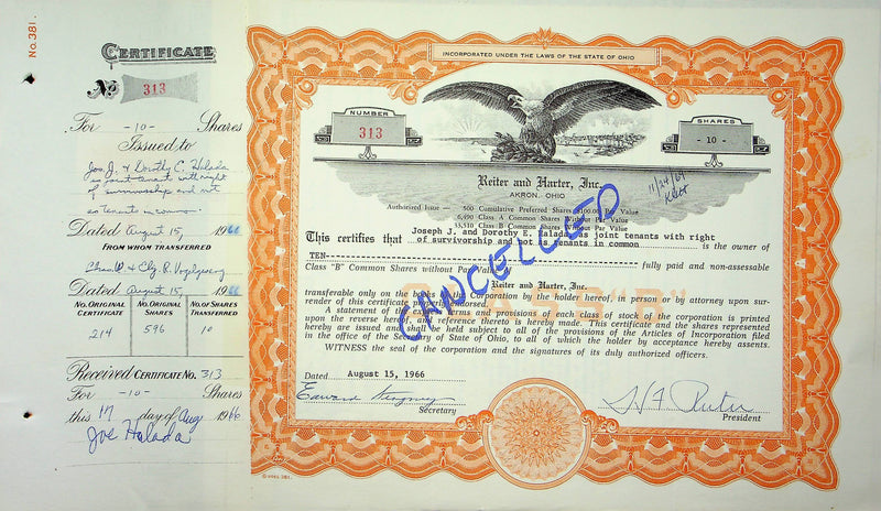Reiter Dairy Company Stock Certificate Bond Scripophilly Akron Ohio 1966 No 313