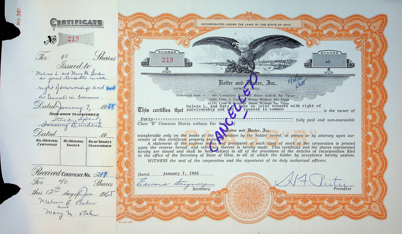 Reiter Dairy Company Stock Certificate Bond Scripophilly Akron Ohio 1965 No 219