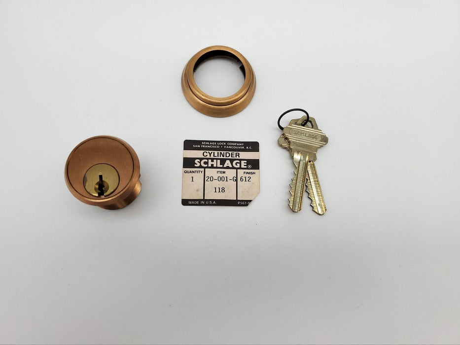 Schlage Mortise Lock Cylinder 1-1/8" Length 20-001 G Keyway Satin Bronze NOS