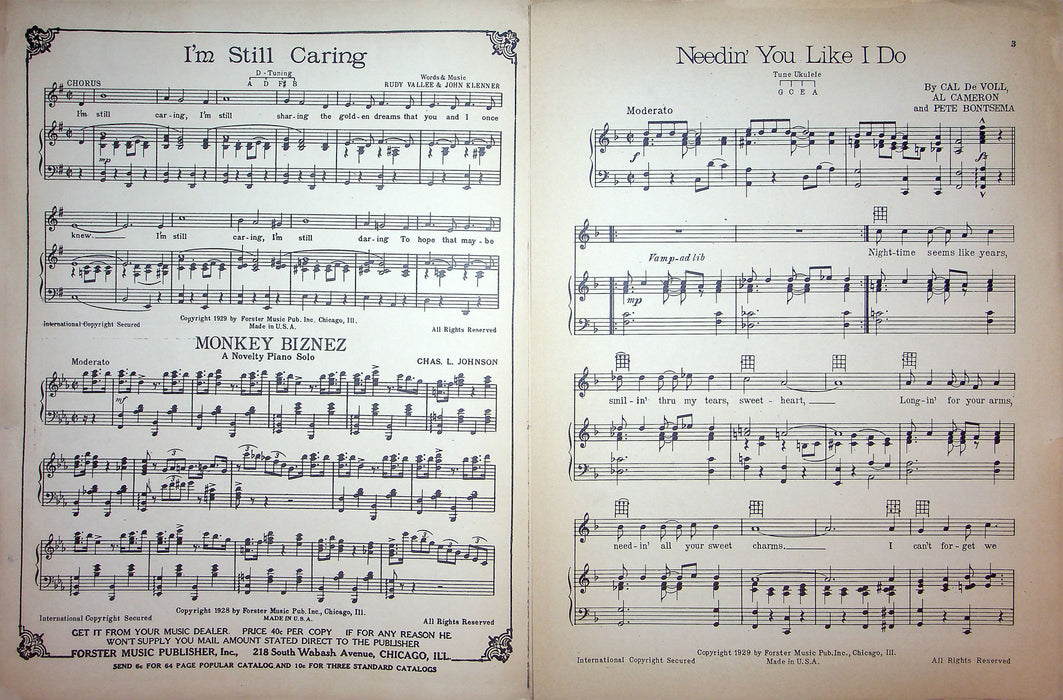 Sheet Music Needin' You Like I Do Cal De Voll Al Cameron Pete Bontsema 1929 2