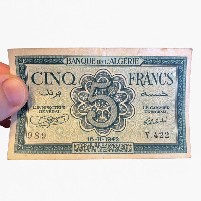 WW2 Cinq 5 Francs Banque de L Algerie Currency Bank Note Banknote 16-11-1942